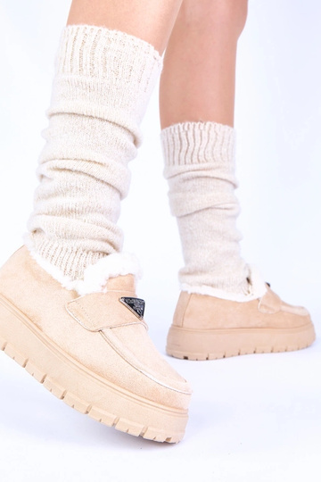 Licht zandkleurige platform mocassins met bont Kirby 2