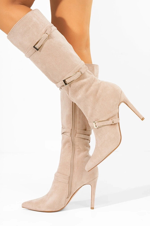Zandkleurige laarzen met dunne hak en...
