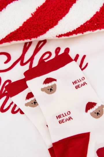 Dames kerstkniekousen met teddyberen en de kerstman in witte kleur