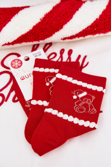 Dames kerstkniekousen met teddyberen en de kerstman in rode kleur 2