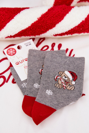 Sokken Dames Kerstmis SneeuInvlokken teddyberen In de dop Kerstmana grijs 2