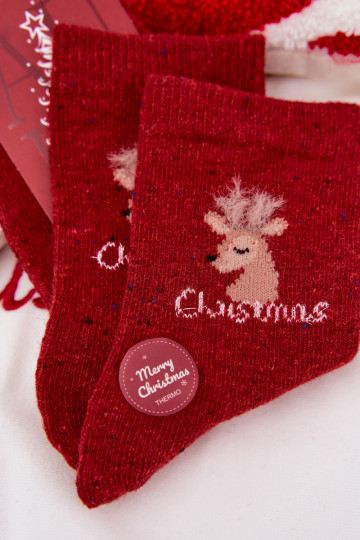 Vrouwelijke kerst sokken met rendieren, wol, rood