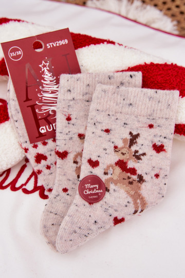 Vrouwelijke kerst sokken met rendieren en hartjes, wol, grijs 2