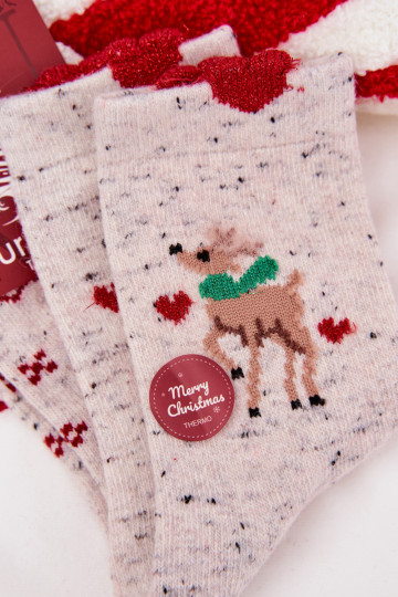 Vrouwelijke kerst sokken met rendieren en hartjes, wol, grijs