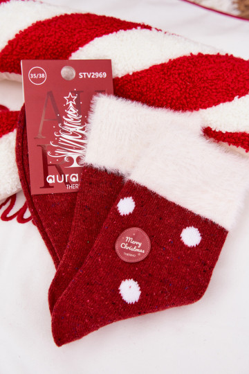 Vrouwelijke kerst sokken met bont en stippen, wol, rood 2