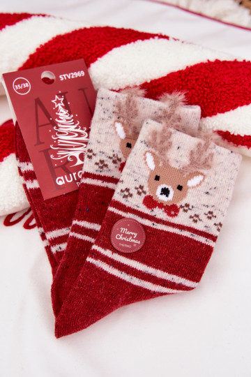 Vrouwelijke kerst sokken met rendieren en streepjes, wol, rood 2