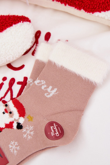 Kindersokken voor kerst met bont en kerstman, wol, zandkleur