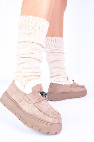 Donkerzandkleurige platform mocassins met bont Kirby
