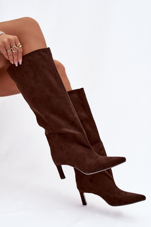 Dames lange laarzen van kunstsuède, instapmodel met dunne hakken, chocolade kleur Phelin