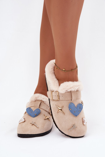 Slippers Dames met mooie details I met gespen opInarmen met bont erin beige Thalora 2