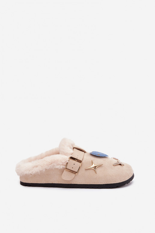 Slippers Dames met mooie details I met gespen opInarmen met bont erin beige Thalora