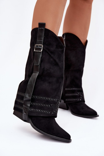 Vrouwen zwarte cowboystijl lange laarzen met decoratie en gespen Camilora 2