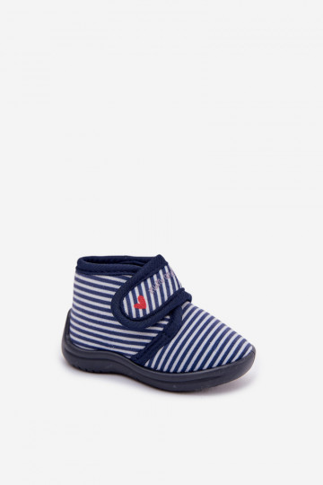 Donkerblauwe kinder slippers met klittenbandsluiting en strepen Lavelle