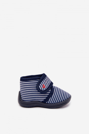 Donkerblauwe kinder slippers met klittenbandsluiting en strepen Lavelle 2