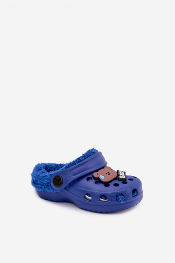 Kinderen warme slippers met bont aan de binnenkant, donkerblauwe kleur „Cerelle"