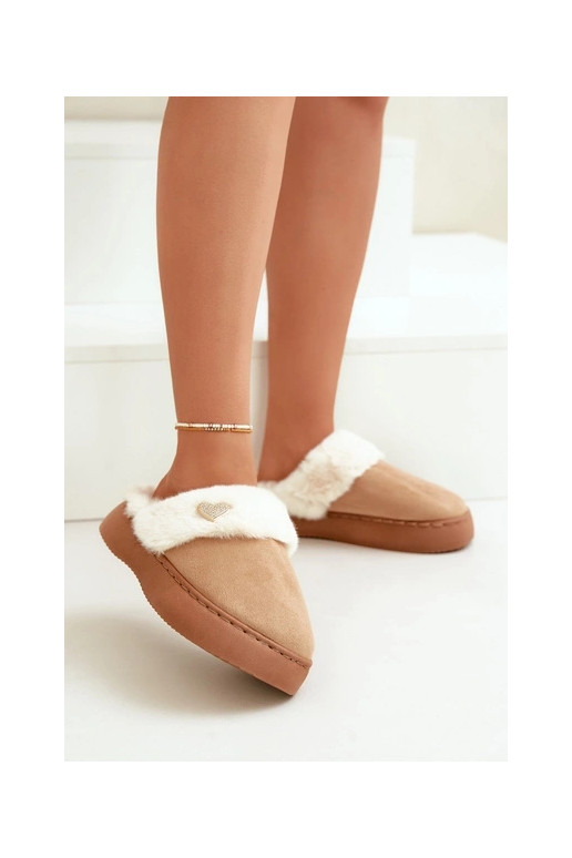 Slippers dames met bont en decoratie met hartjes in bruin Otielo