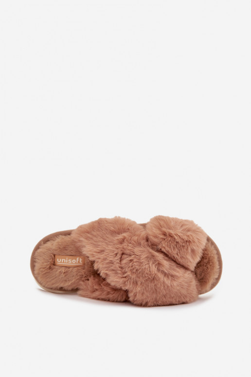 Bruine dames slippers met voering en gekruiste bandjes Quenelle