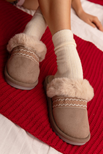 Chaki Devianne dames slippers met bont en borduurwerk