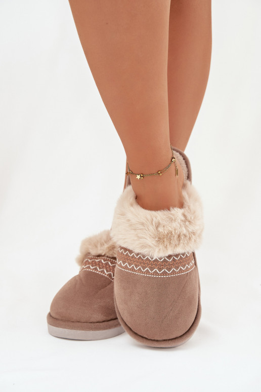 Chaki Devianne dames slippers met bont en borduurwerk