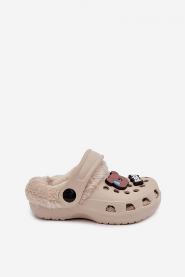 Kinderen warme slippers met bont aan de binnenkant, chaki kleur „Cerelle" 2