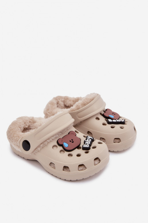 Kinderen warme slippers met bont aan de binnenkant, chaki kleur „Cerelle"