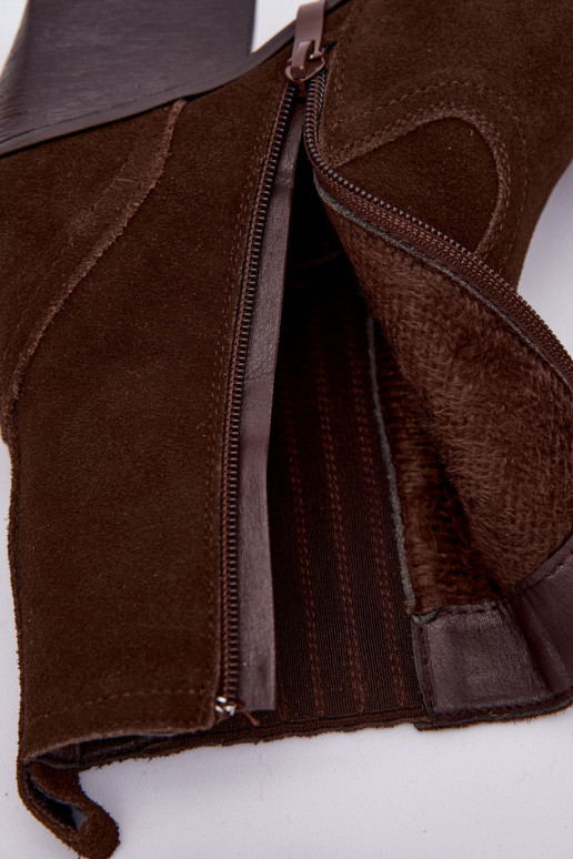 Chocoladekleurige suède cowboy-stijl dameslaarzen met hakken, warm gevoerd Dylira