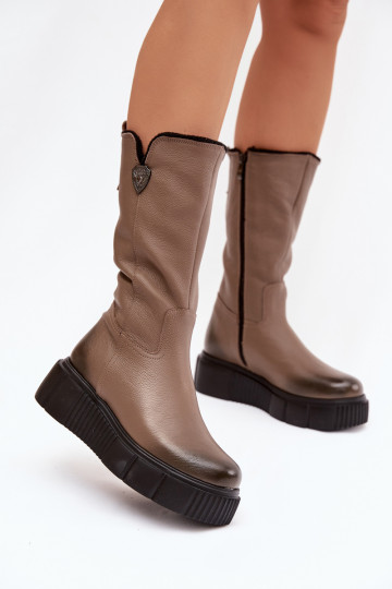 Zazoo 70121 leren dames hoge laarzen met wol zandkleurig