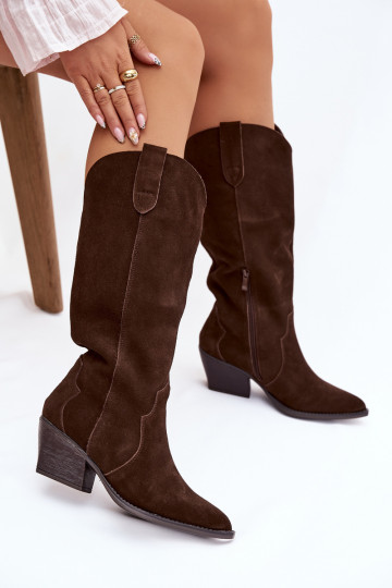 Leren suède dameslaarzen in cowboystijl, gevoerd in chocoladekleur Urselle