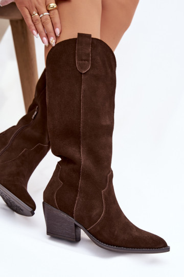 Leren suède dameslaarzen in cowboystijl, gevoerd in chocoladekleur Urselle 2