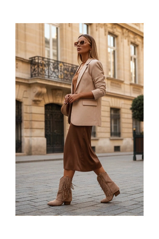 Chocoladebruine cowboy-stijl dameslaarzen met franjes en hakken Gralina