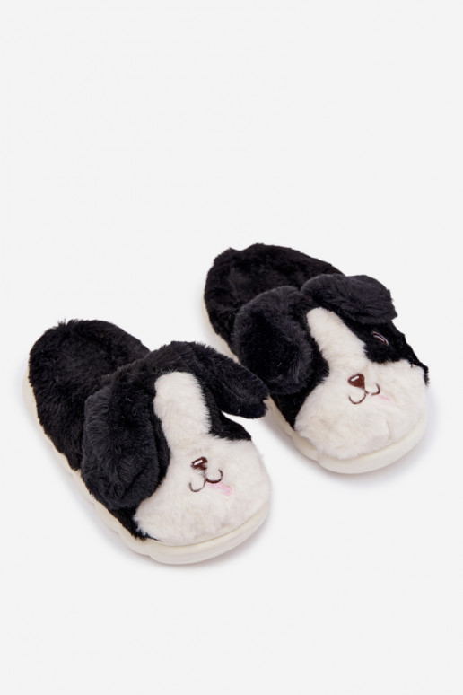 Zwarte kinder slippers met bont "Hondjes" Farnise