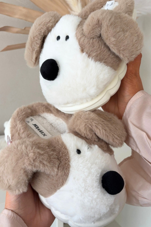 Zandkleurige kinder slippers met bont "Hondjes" Farnise