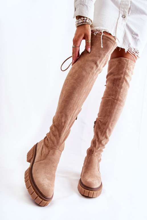 van suède Dames laarzen boven de knie beige Cheera