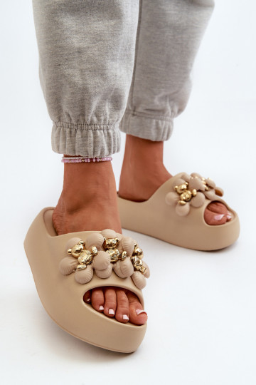 Dames Slippers LichtgeInicht pantoffels met mooie details Op dikke zool beige Bremavia 2
