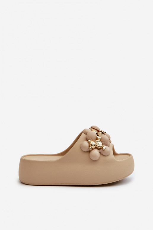 Dames Slippers LichtgeInicht pantoffels met mooie details Op dikke zool beige Bremavia