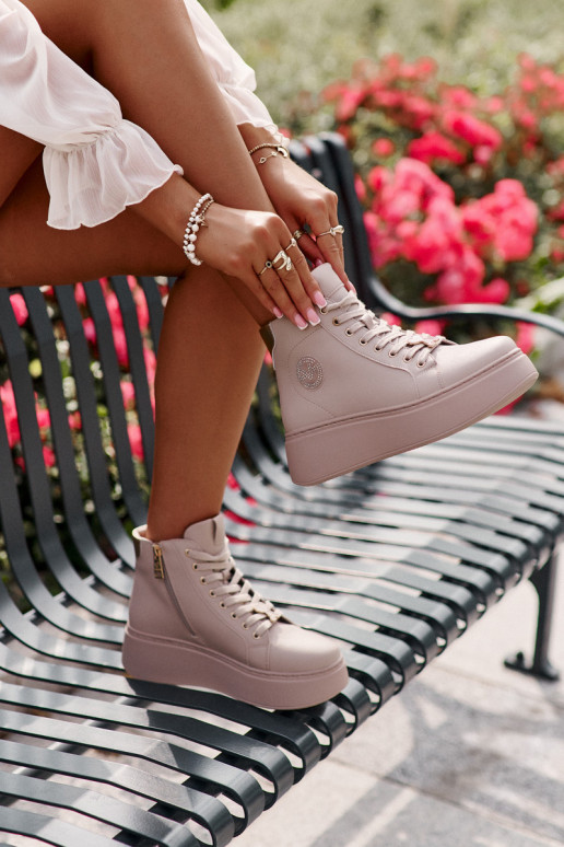 Hoog Leer Sneakers model schoenen Dames met platform Vinceza 66707 beige