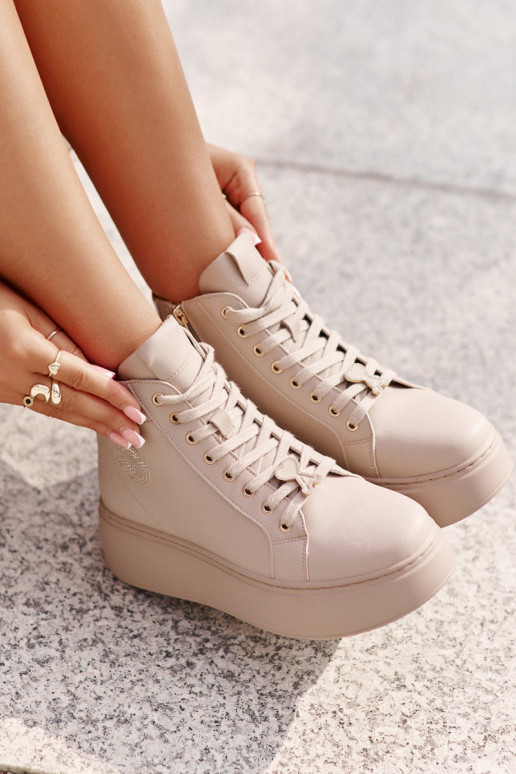 Hoog Leer Sneakers model schoenen Dames met platform Vinceza 66707 beige