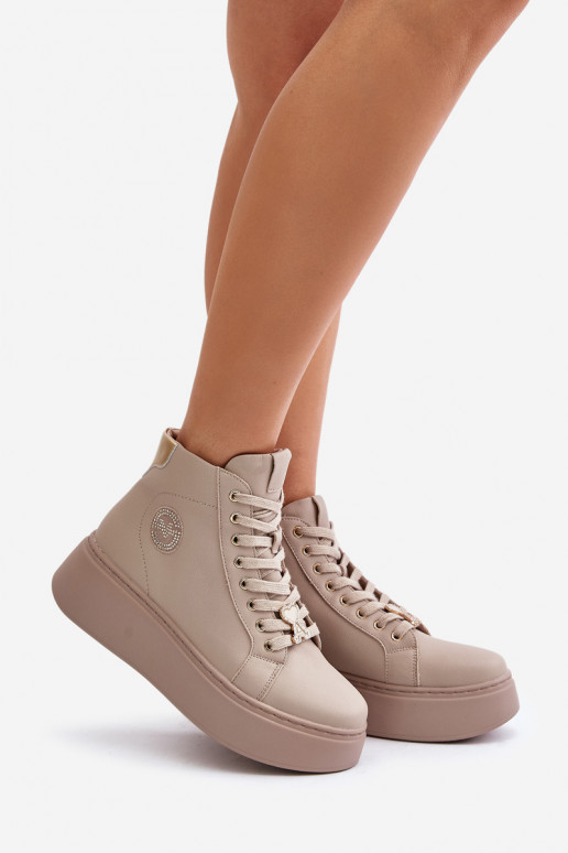 Hoog Leer Sneakers model schoenen Dames met platform Vinceza 66707 beige