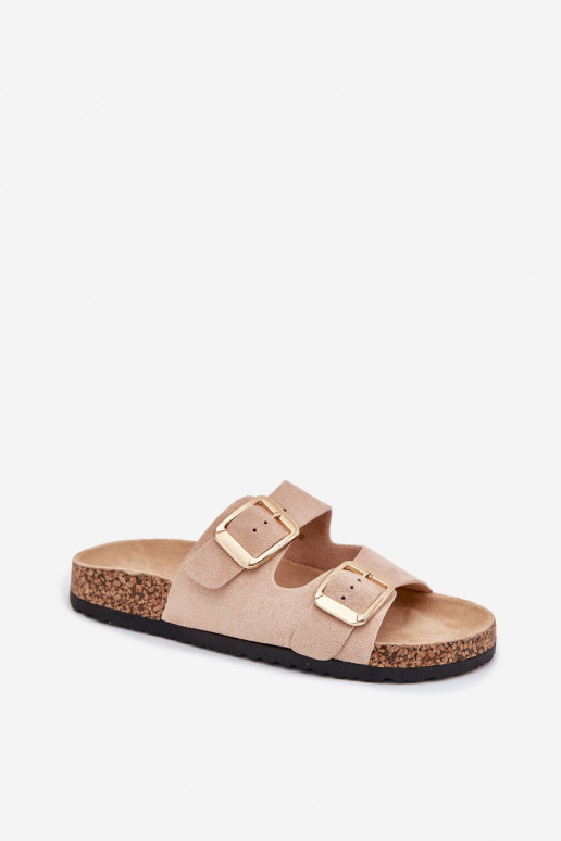 Damespantoffelsvan eco-suèdeu gouden kleur met gespen beige Vorella