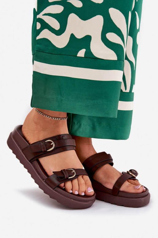 Damespantoffels met platform Ze gouden kleurmi met gespenmi bruine kleur INernone