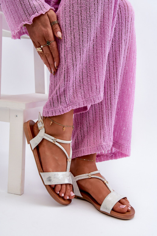 Dames Platte sandalen Met Strepen S.Barski KV27-010 INit-zilvere kleur