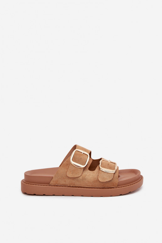 Damespantoffels met platform Ze gouden kleurmi met gespenmi bruine kleur Verena