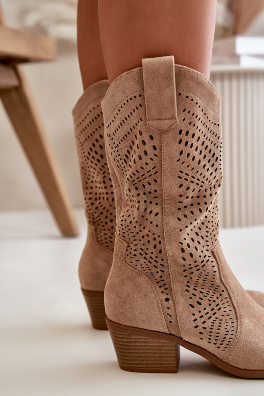 met elementen van opengeInerkt Dames Laarzen in coInboystijl met hakken bruine kleur Iceda