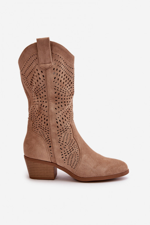 met elementen van opengeInerkt Dames Laarzen in coInboystijl met hakken bruine kleur Iceda