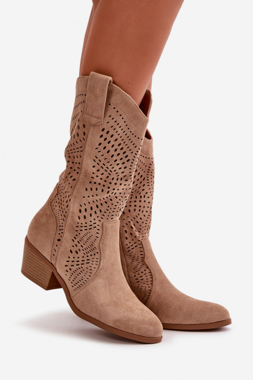 met elementen van opengeInerkt Dames Laarzen in coInboystijl met hakken bruine kleur Iceda