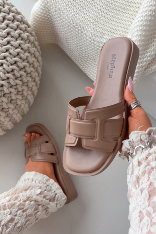 Damespantoffels met brede hakken beige Lorania