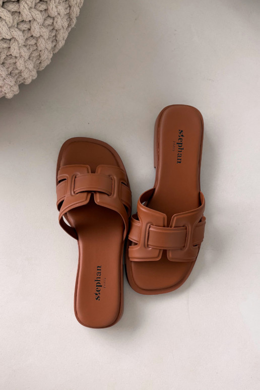 Damespantoffels met brede hakken bruine kleur Lorania