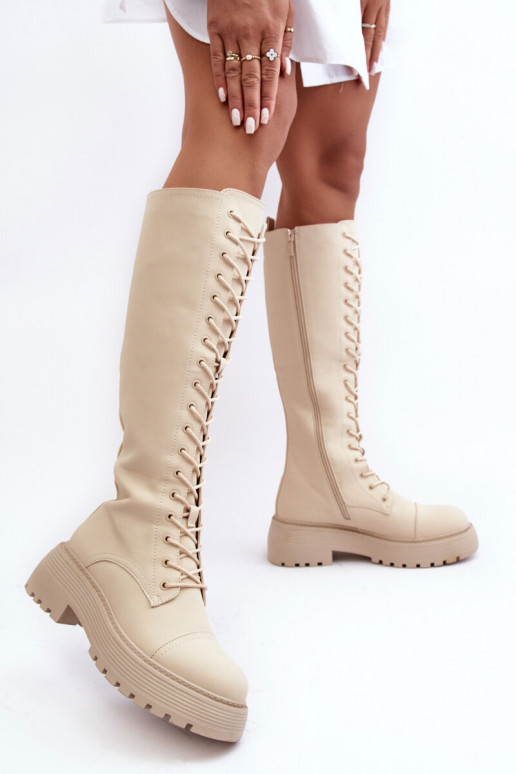 met veters opInarmen laarzen parel schoenen Vóór de knie beige Bergdis