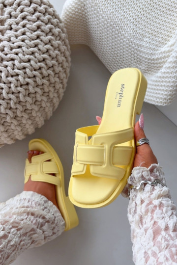 Damespantoffels met brede hakken geel Lorania