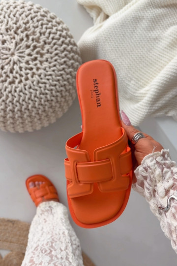 Damespantoffels met brede hakken oranje Lorania